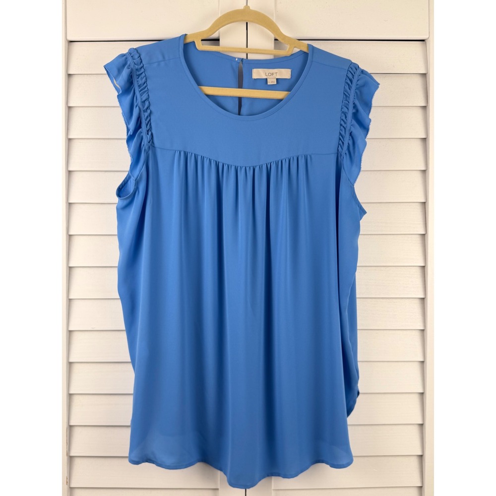 LOFT Blouse Women XL Blue Ruffle Flutter Sleeve Pleated Shell